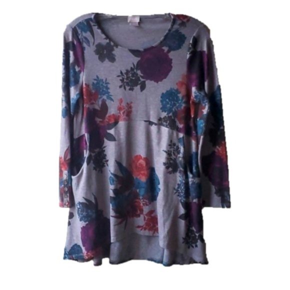 Chico's Women's Tunic Top Multicolor Gray Rose Button Sleeve Crew Pocket Size OP - Picture 1 of 8
